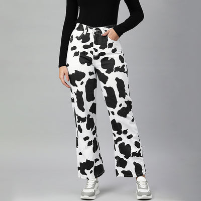 Black Cow Print Wide Pants