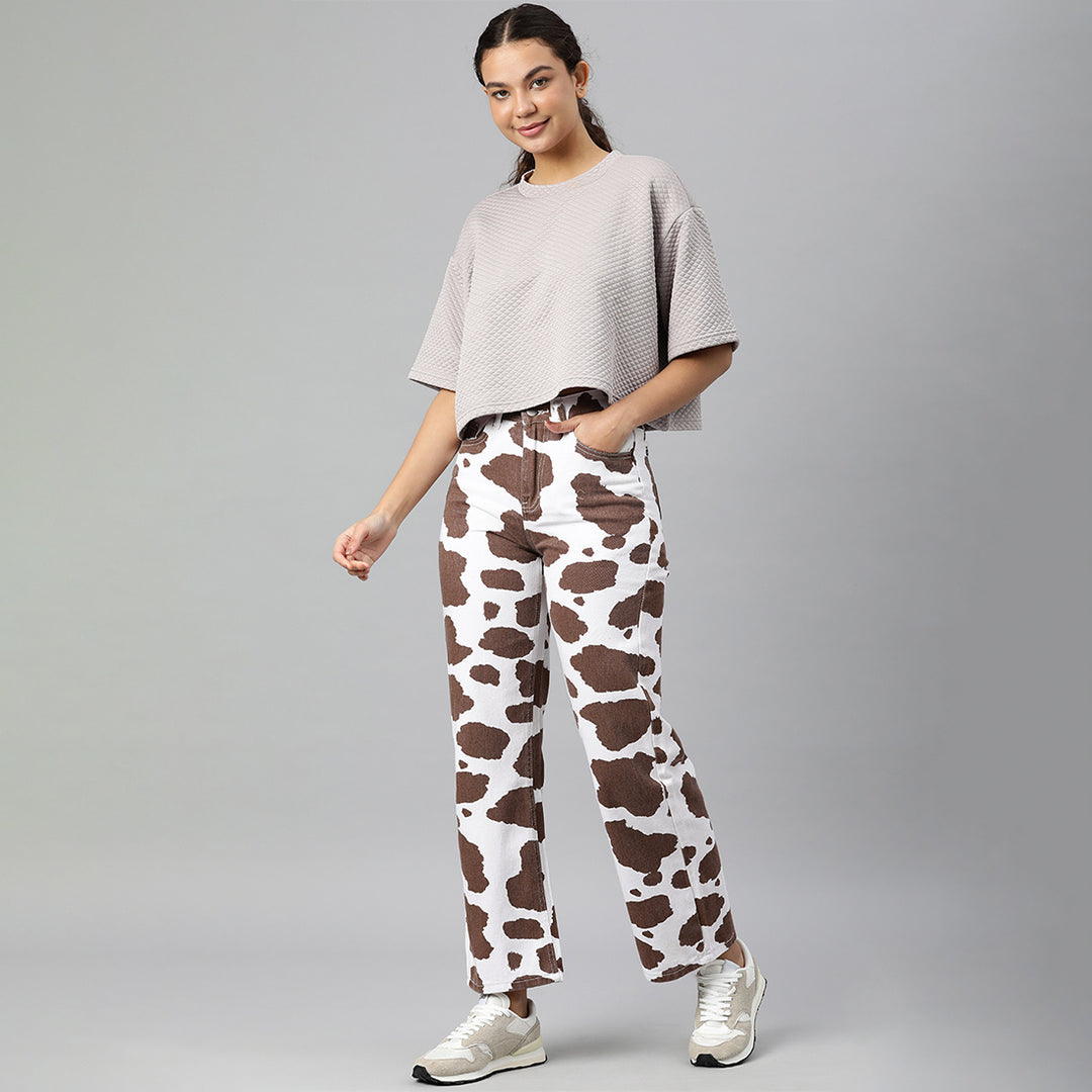 Brown Cow Print Wide Pants