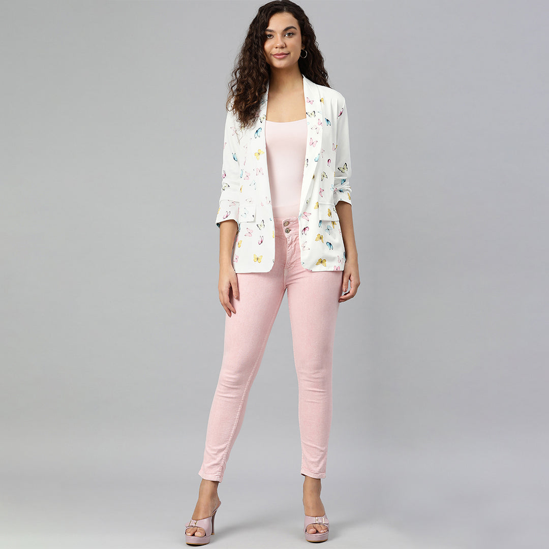 White Glaze Print Semi Casual Blazer