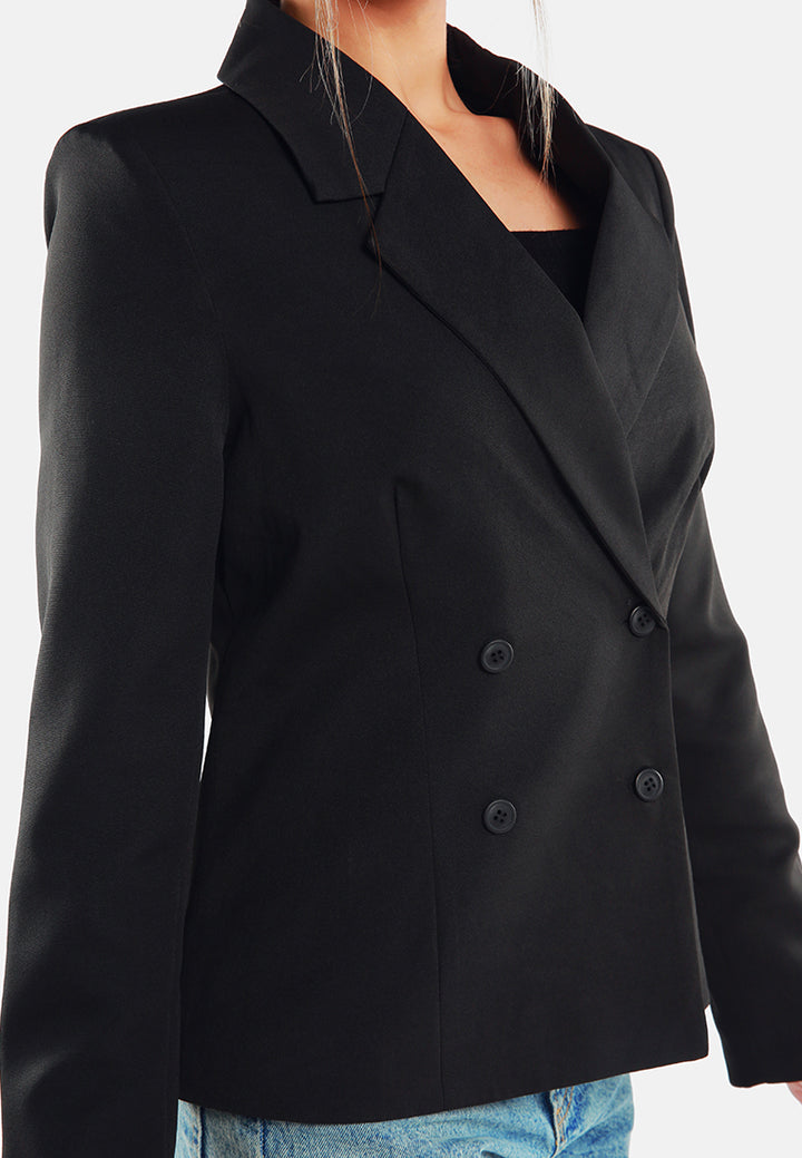 women buttoned lapel blazer#color_black