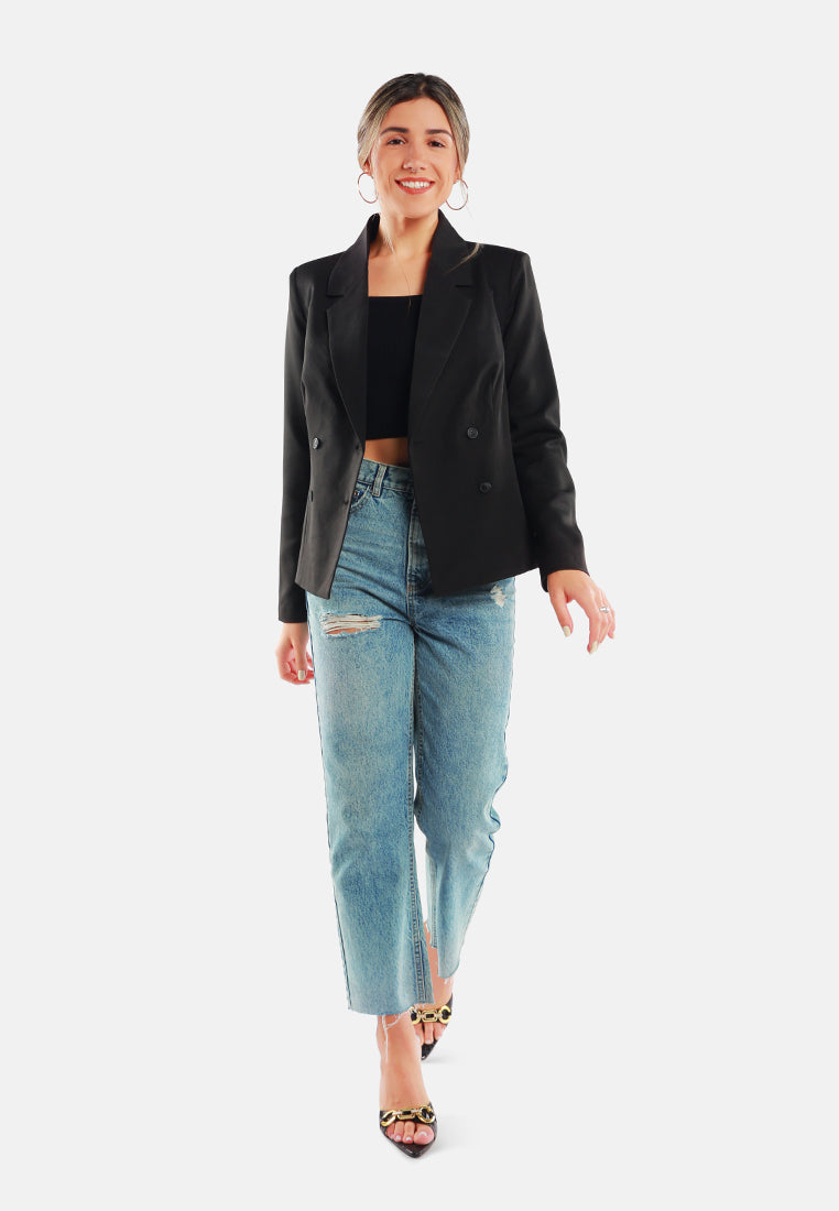 women buttoned lapel blazer#color_black