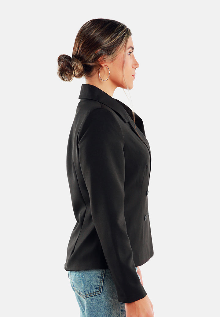 women buttoned lapel blazer#color_black
