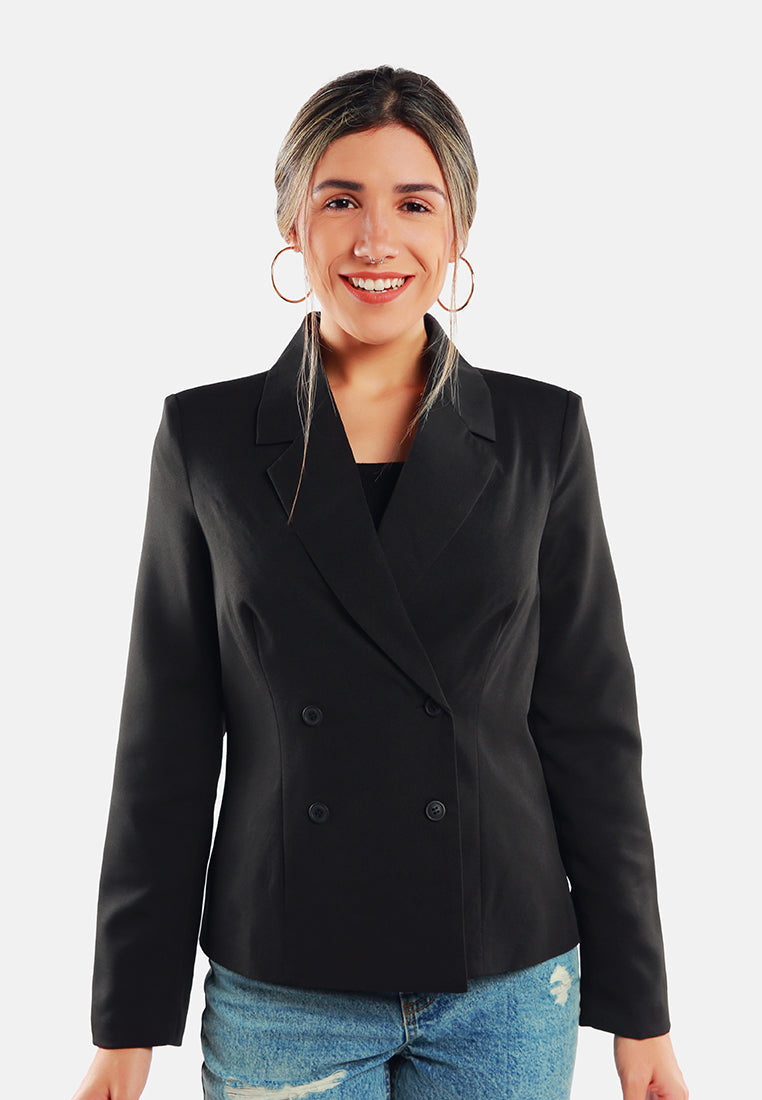 women buttoned lapel blazer#color_black