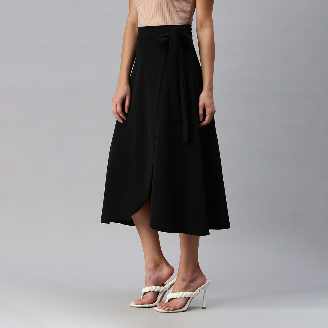 wrap style long maxi skirt#color_black