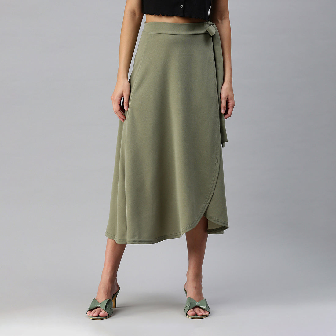wrap style long maxi skirt#color_olive