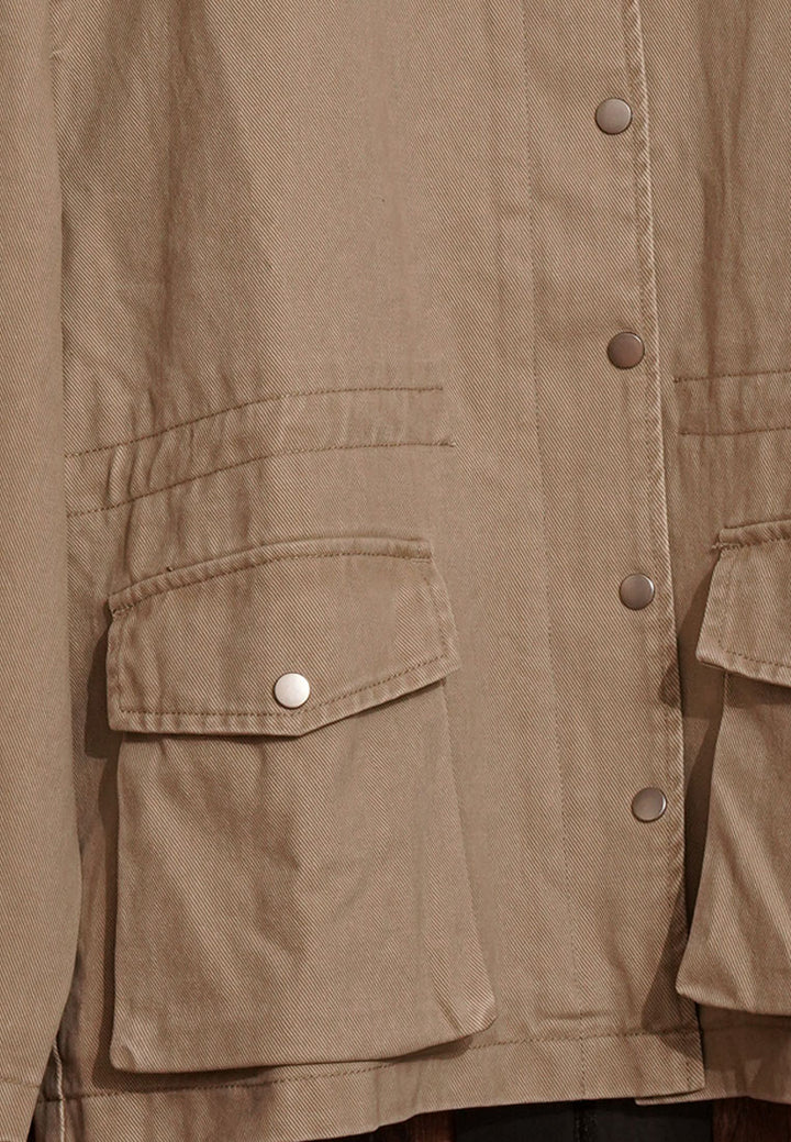 women faux leather collared denim jacket#color_beige