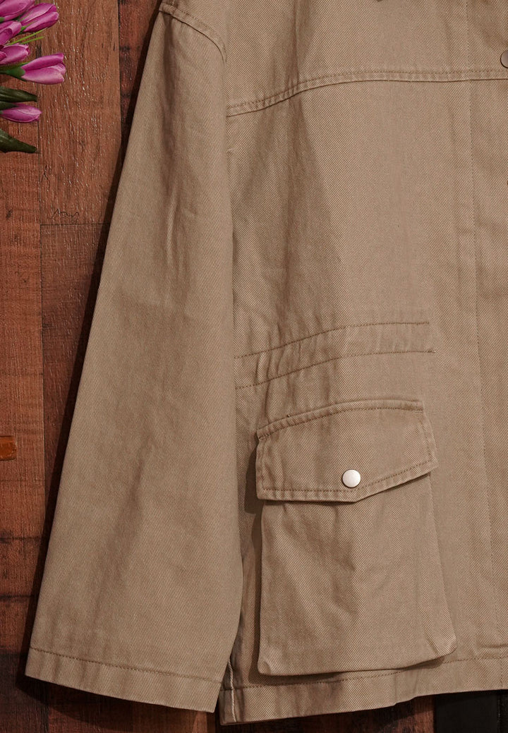 women faux leather collared denim jacket#color_beige