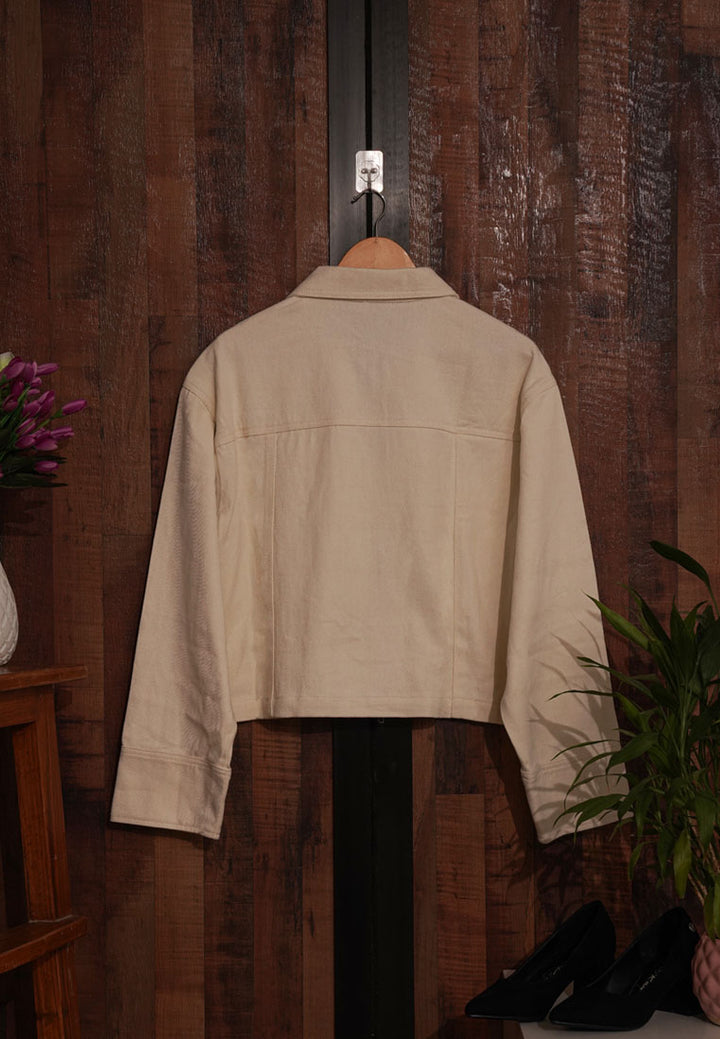 women front zipper denim jacket#color_beige