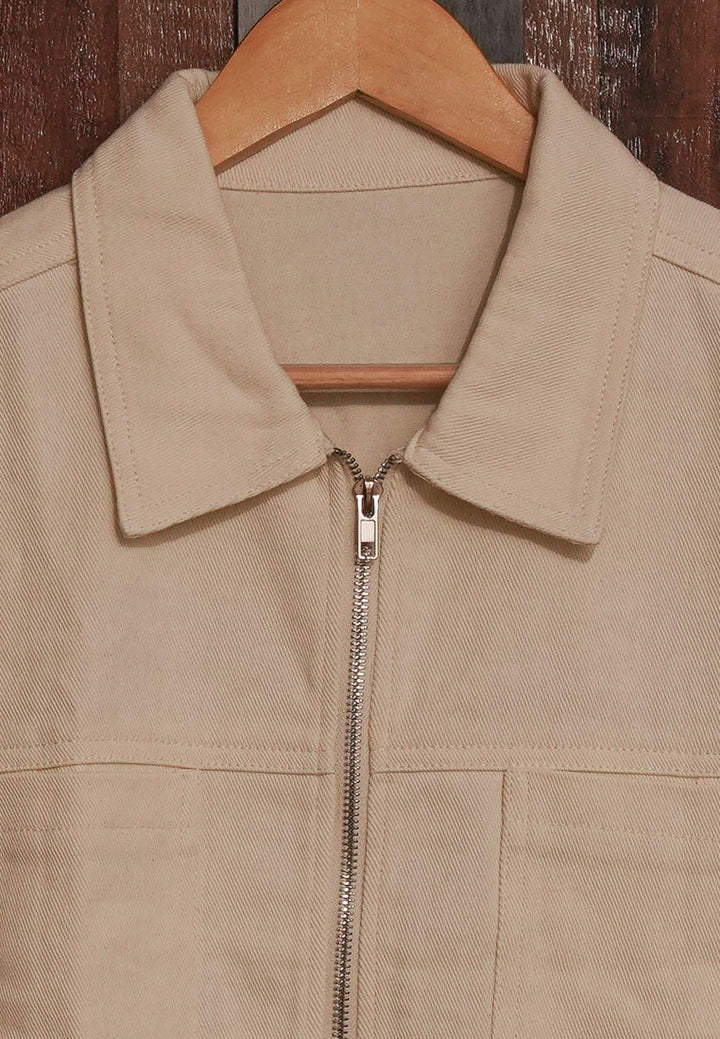 women front zipper denim jacket#color_beige