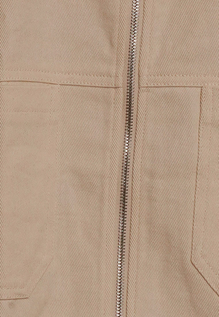 women front zipper denim jacket#color_beige