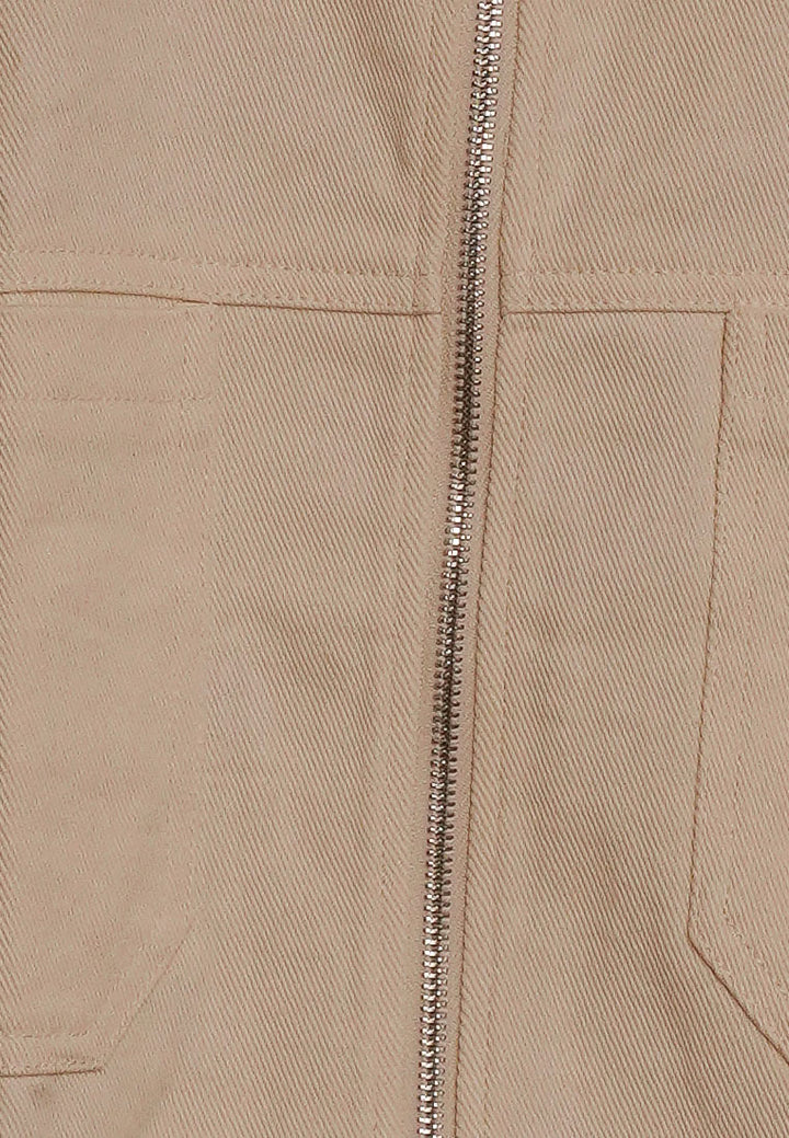 women front zipper denim jacket#color_beige