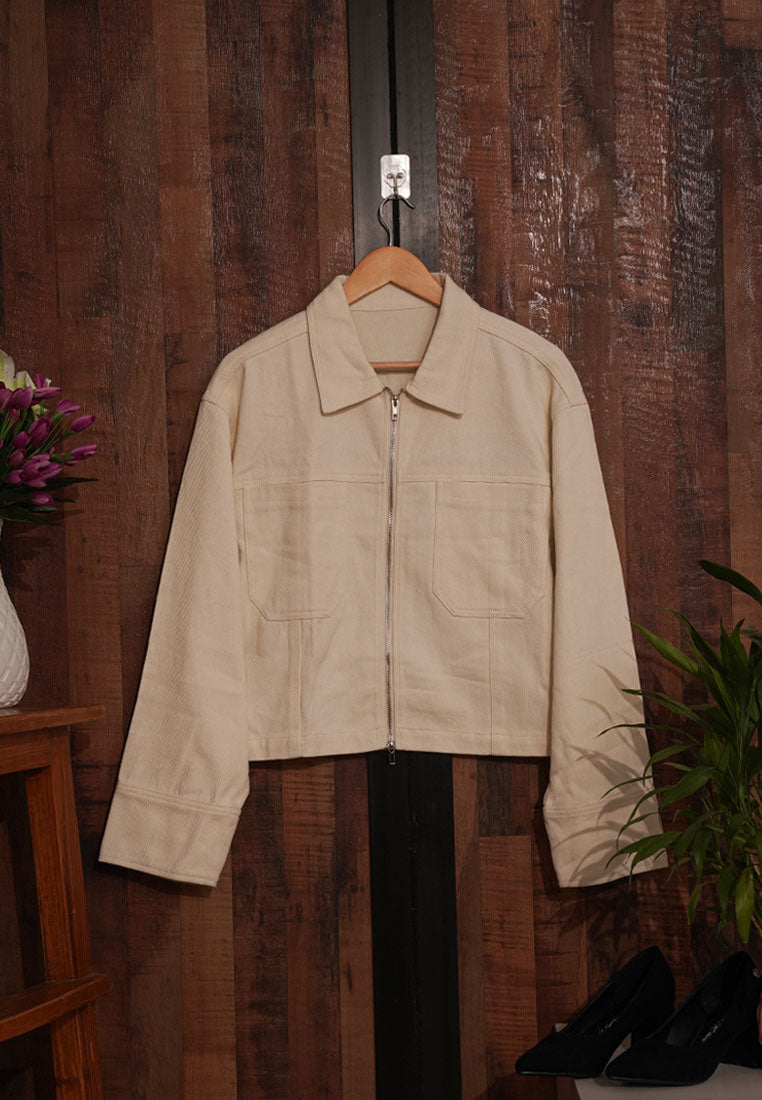 women front zipper denim jacket#color_beige