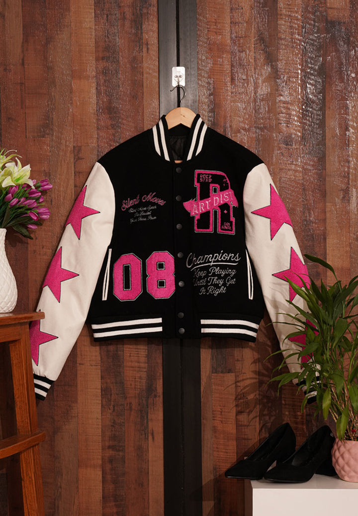 women star patchwork varsity jacket#color_multicolor