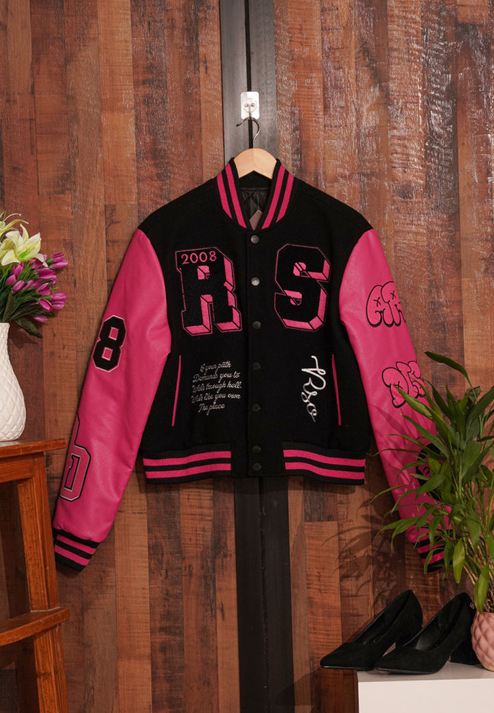 women contrasting graphic varsity jacket#color_multicolor