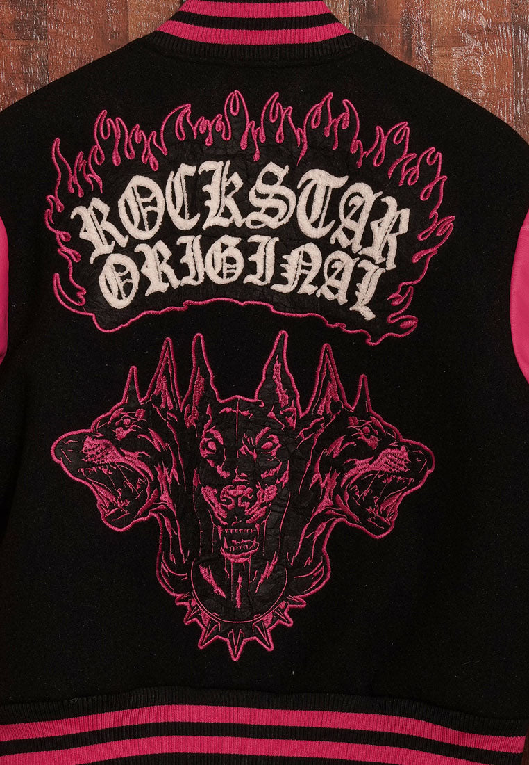 women contrasting graphic varsity jacket#color_multicolor