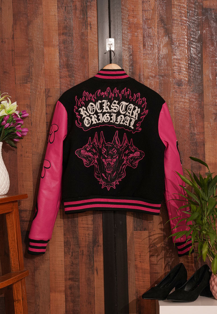women contrasting graphic varsity jacket#color_multicolor