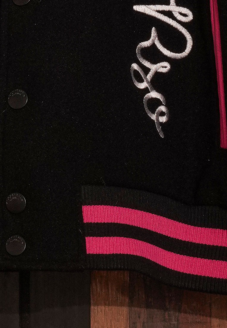 women contrasting graphic varsity jacket#color_multicolor