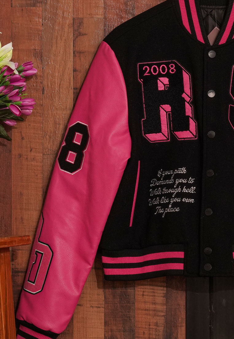 women contrasting graphic varsity jacket#color_multicolor