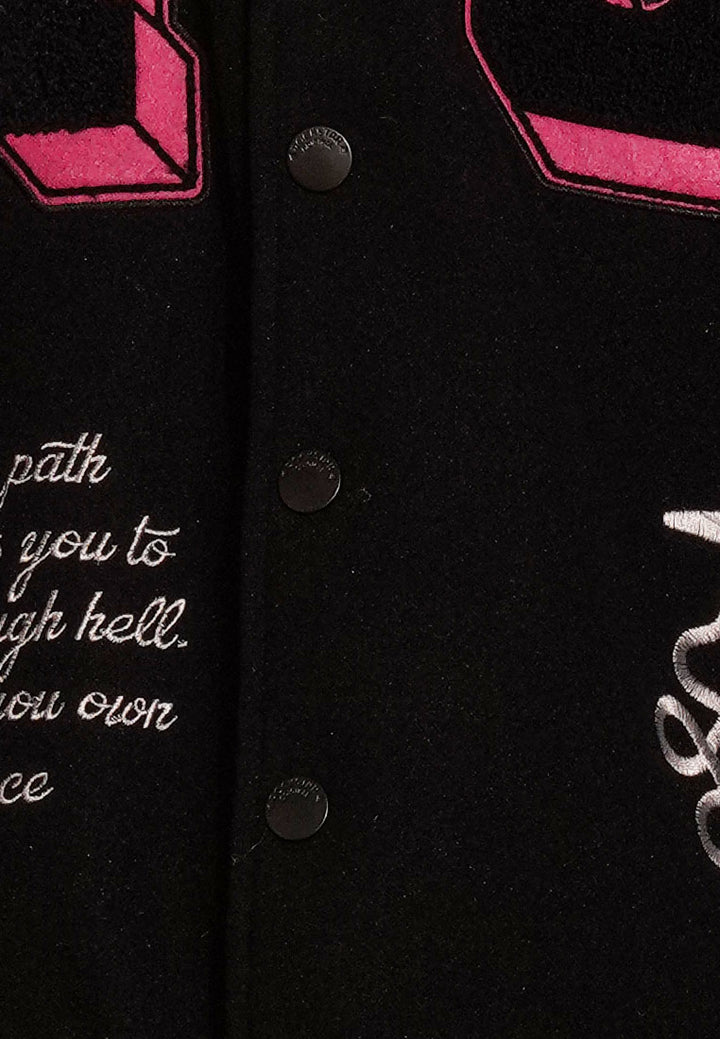 women contrasting graphic varsity jacket#color_multicolor