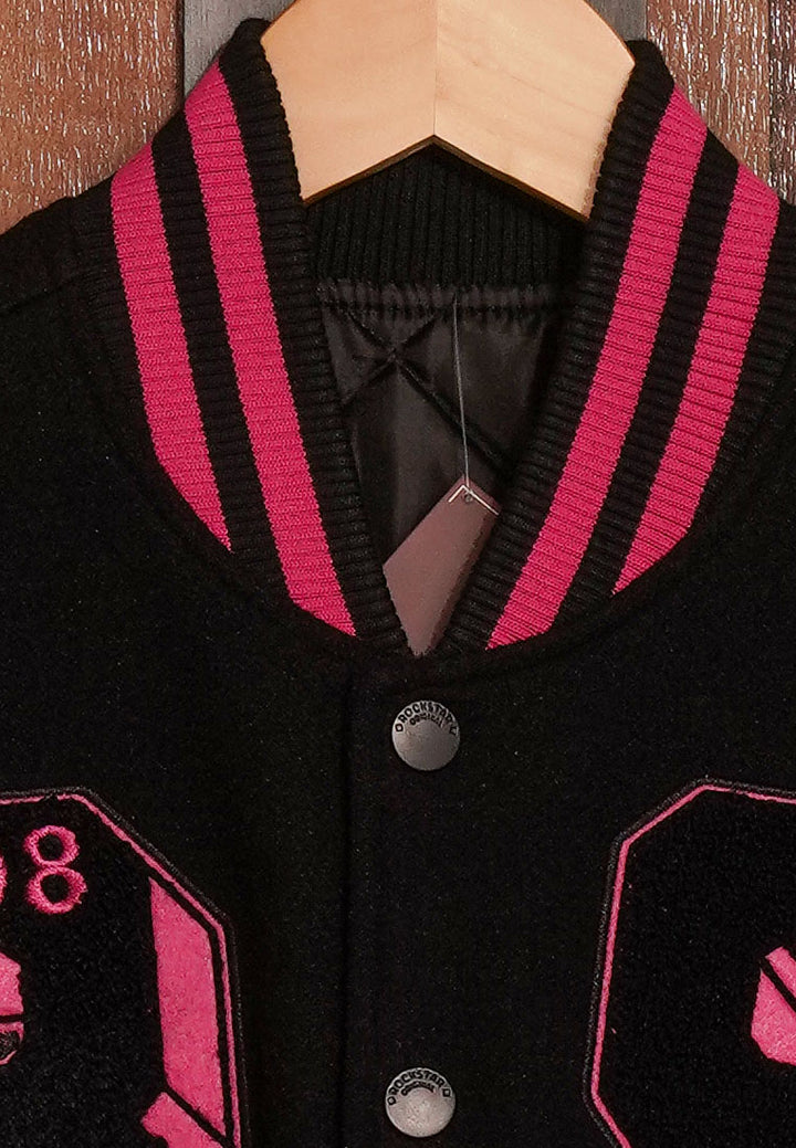 women contrasting graphic varsity jacket#color_multicolor