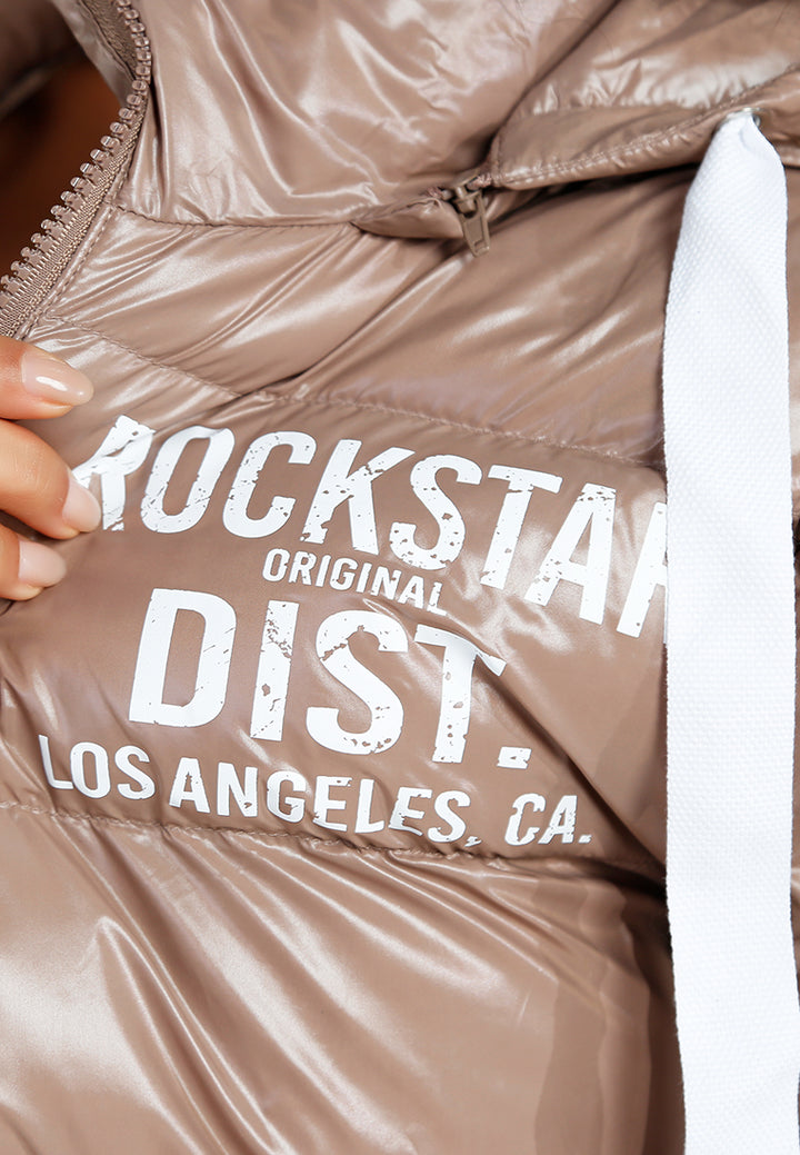 women urban splatter hooded puffer jacket#color_camel