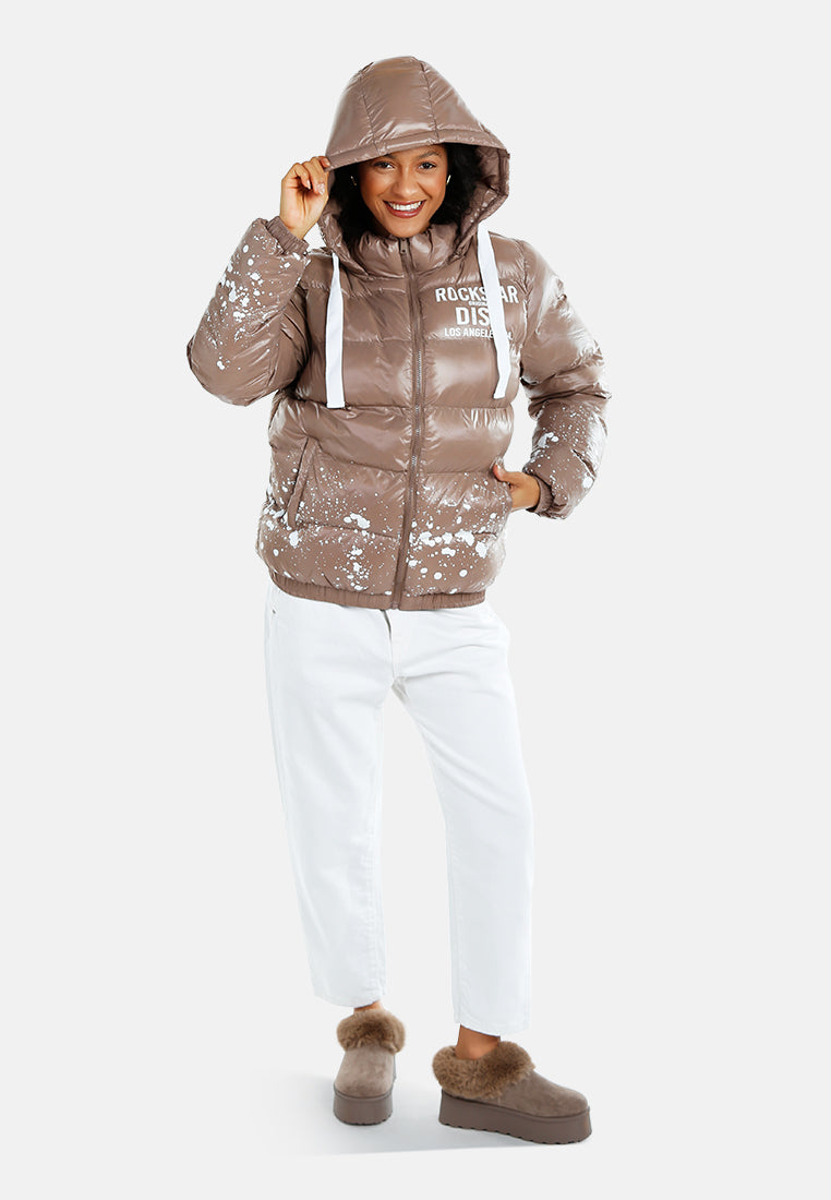 women urban splatter hooded puffer jacket#color_camel