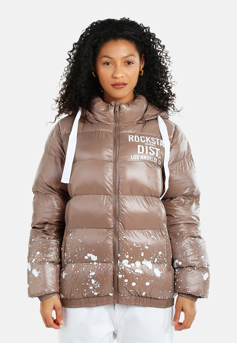 women urban splatter hooded puffer jacket#color_camel