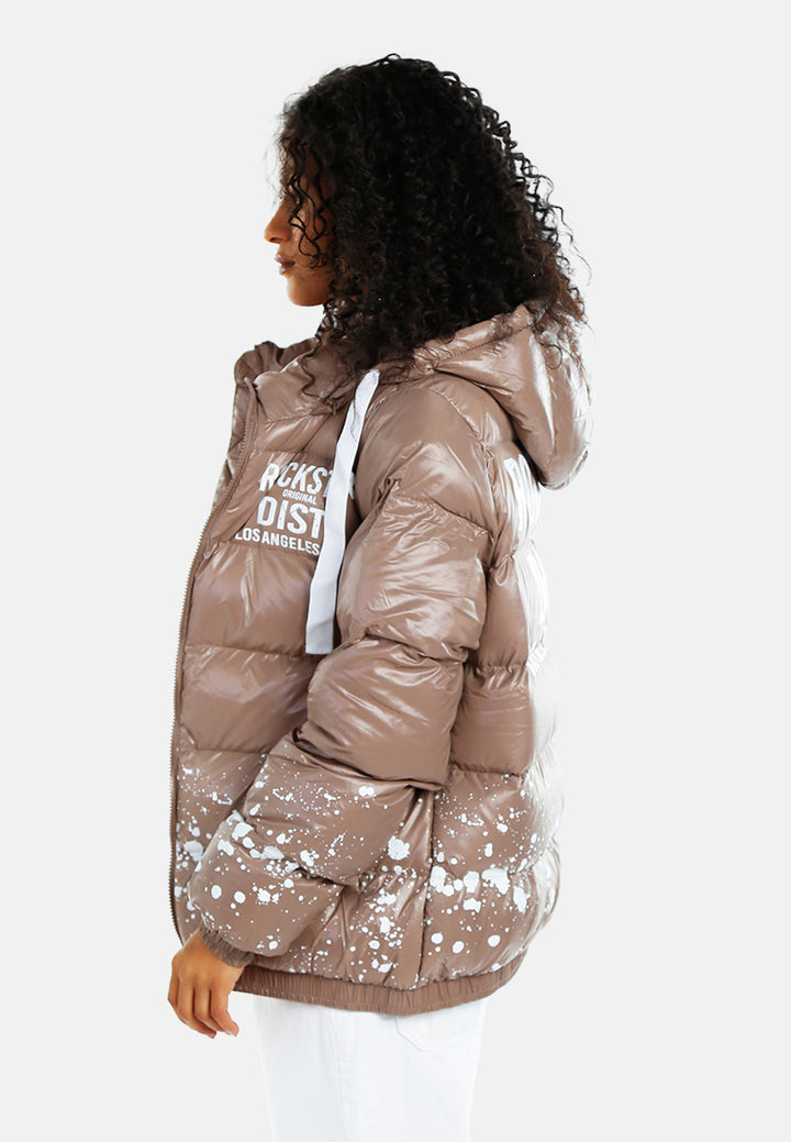 women urban splatter hooded puffer jacket#color_camel
