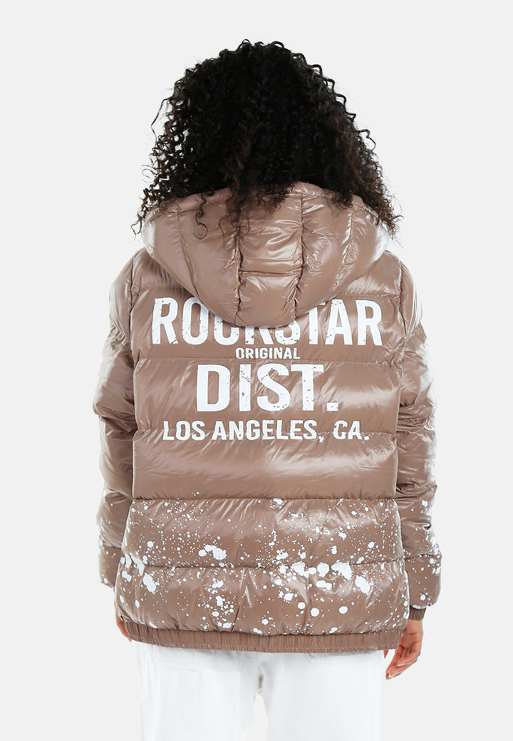 women urban splatter hooded puffer jacket#color_camel