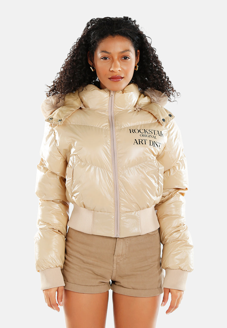 women glossy cropped puffer jacket#color_beige