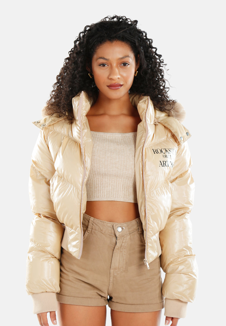 women glossy cropped puffer jacket#color_beige