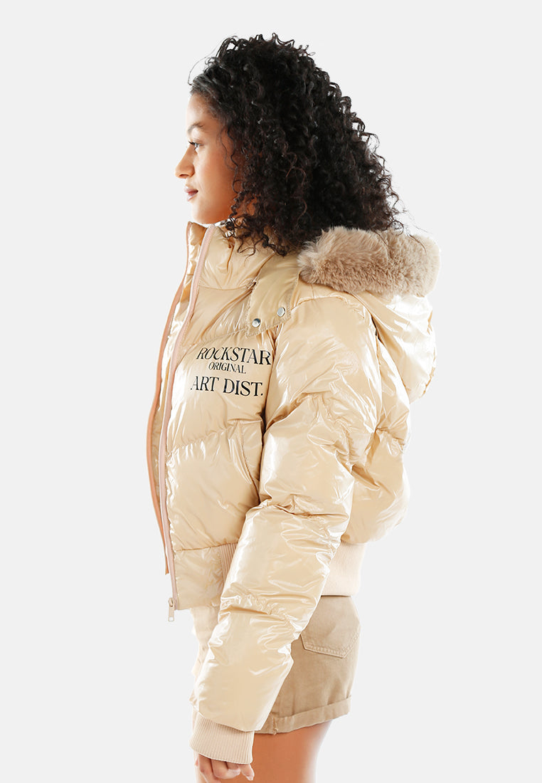 women glossy cropped puffer jacket#color_beige