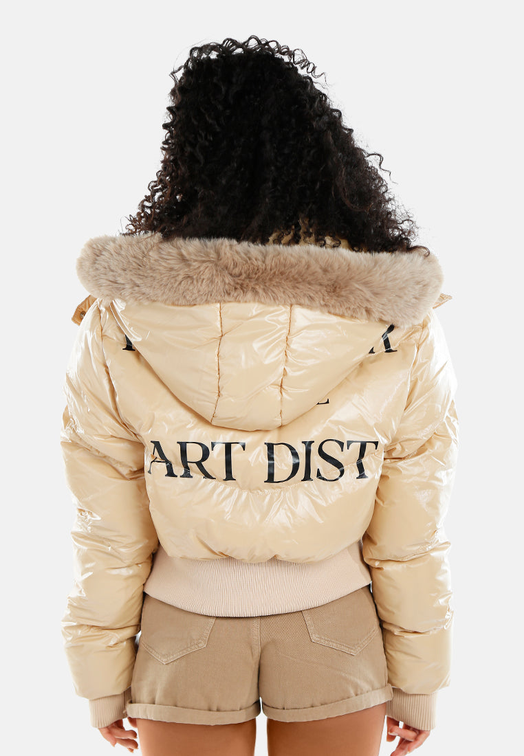 women glossy cropped puffer jacket#color_beige
