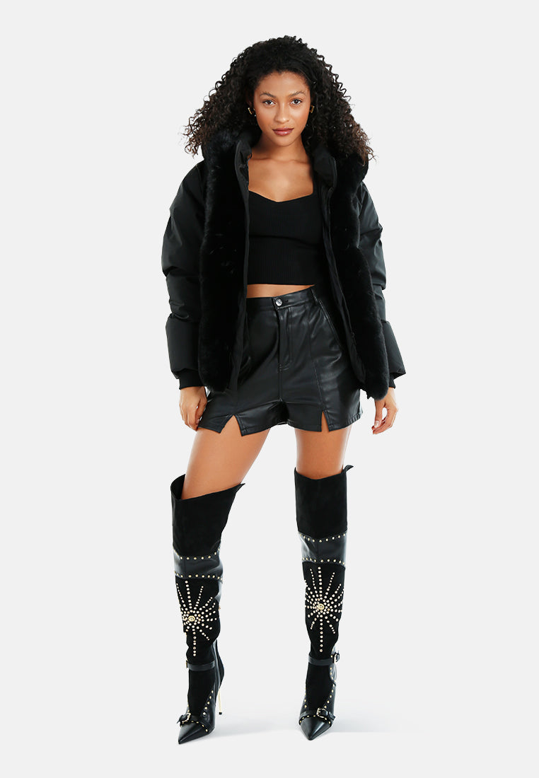 women relaxed faux fur panel jacket#color_black