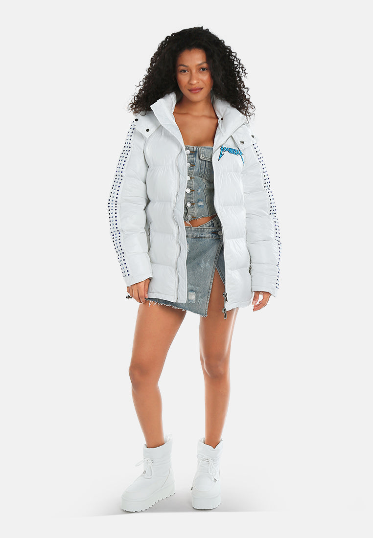women glossy longline diamante puffer jacket#color_white