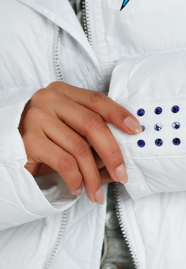 women glossy longline diamante puffer jacket#color_white