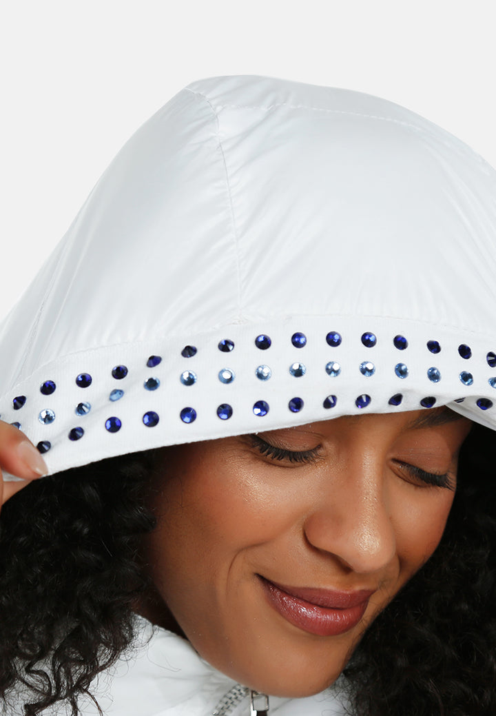 women glossy longline diamante puffer jacket#color_white