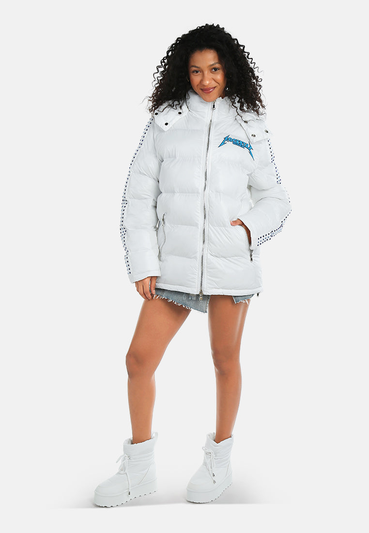 women glossy longline diamante puffer jacket#color_white