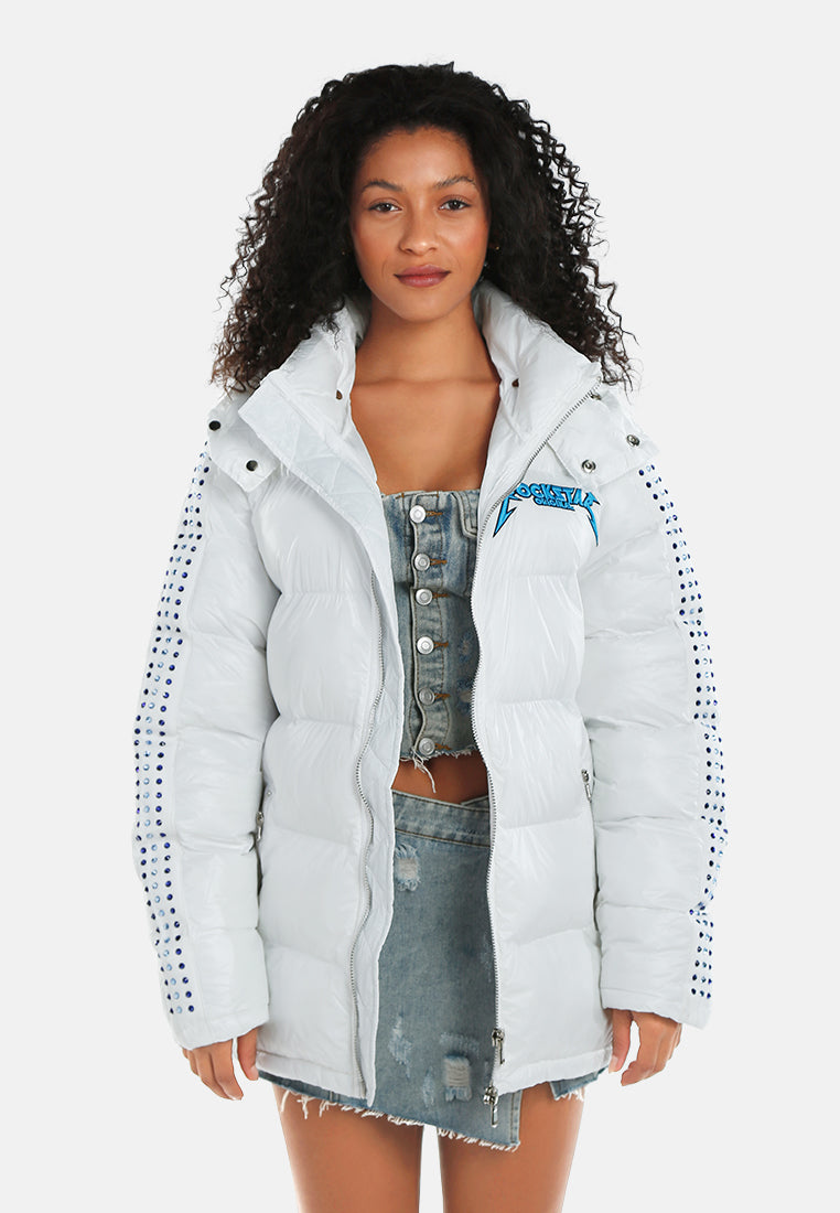 women glossy longline diamante puffer jacket#color_white