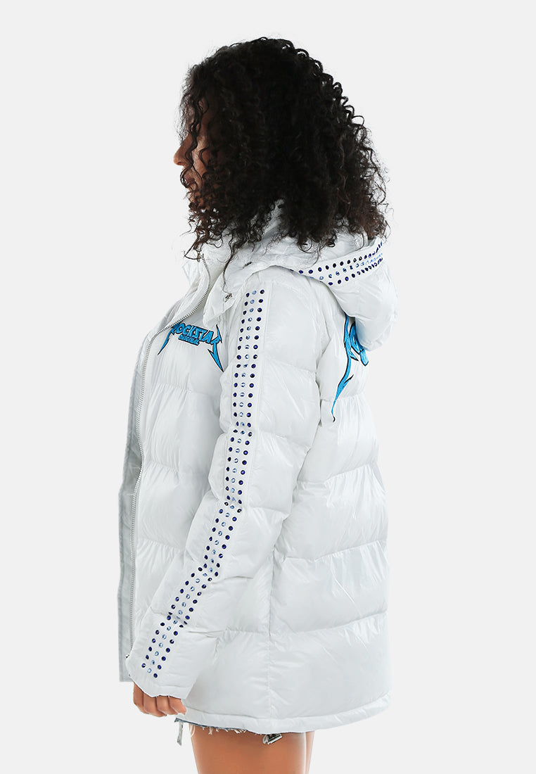 women glossy longline diamante puffer jacket#color_white