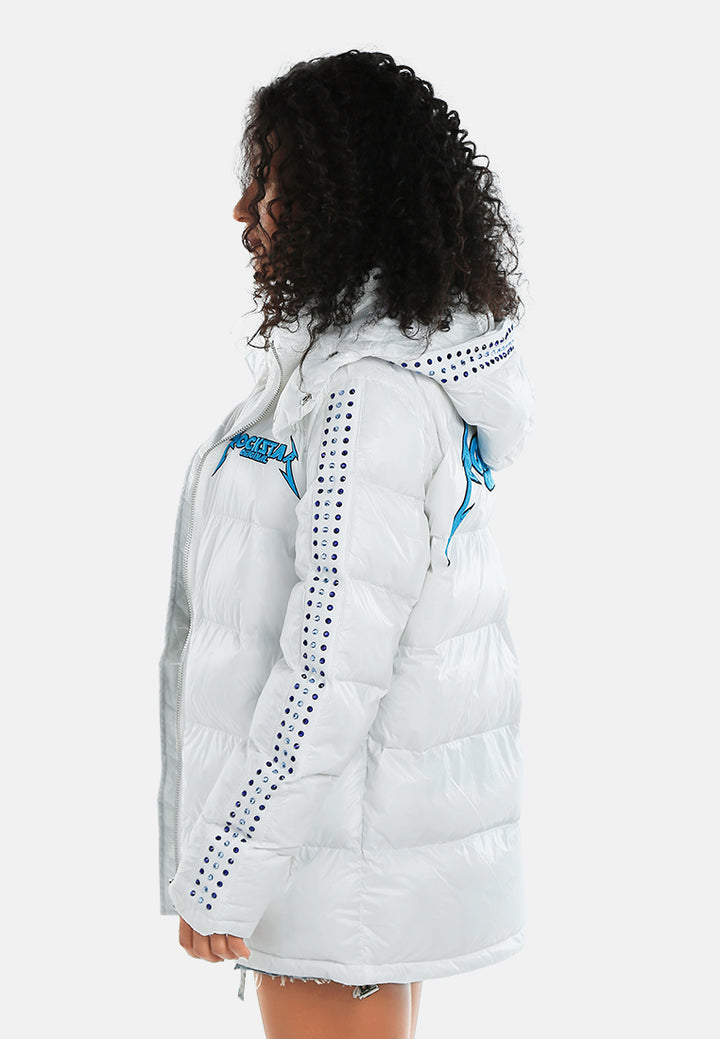 women glossy longline diamante puffer jacket#color_white