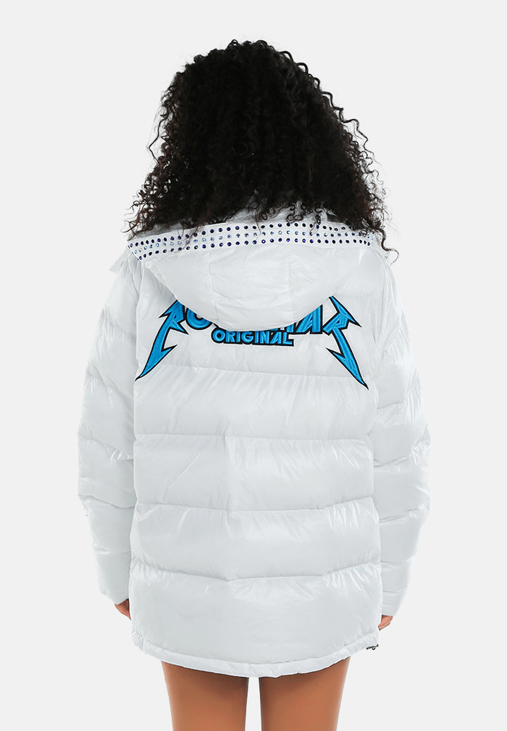 women glossy longline diamante puffer jacket#color_white