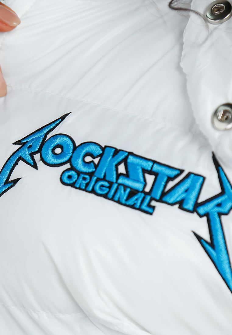 women glossy longline diamante puffer jacket#color_white