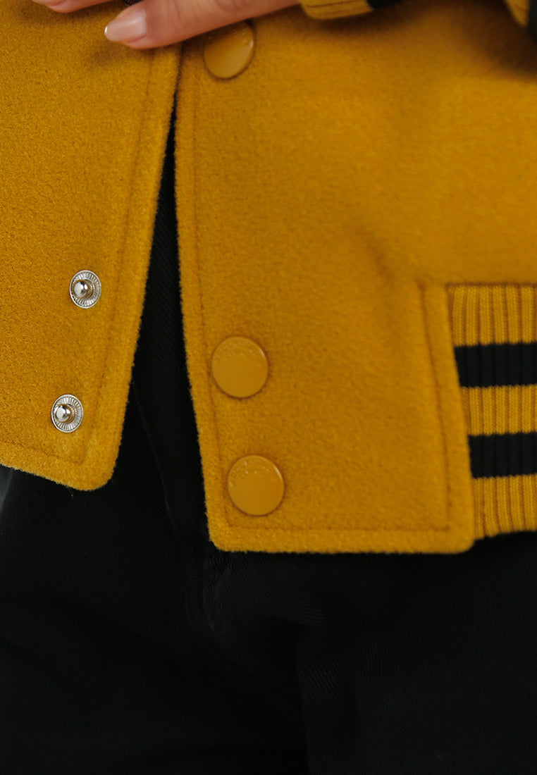 women contrasting graphic varsity jacket#color_mustard