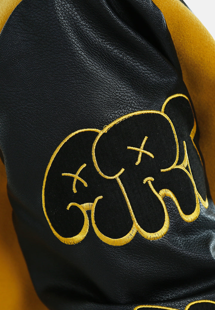 women contrasting graphic varsity jacket#color_mustard