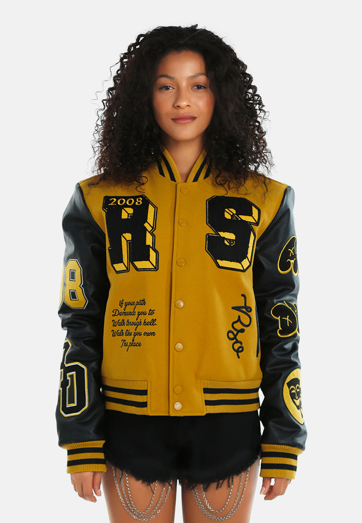 women contrasting graphic varsity jacket#color_mustard