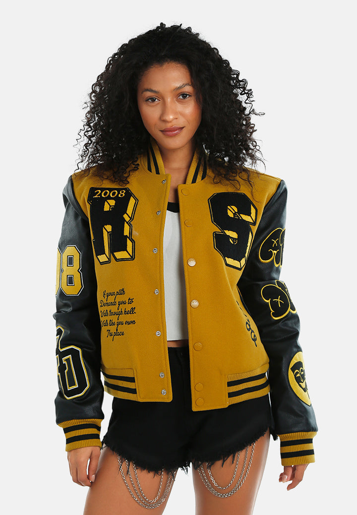 women contrasting graphic varsity jacket#color_mustard