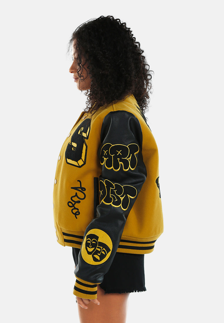 women contrasting graphic varsity jacket#color_mustard