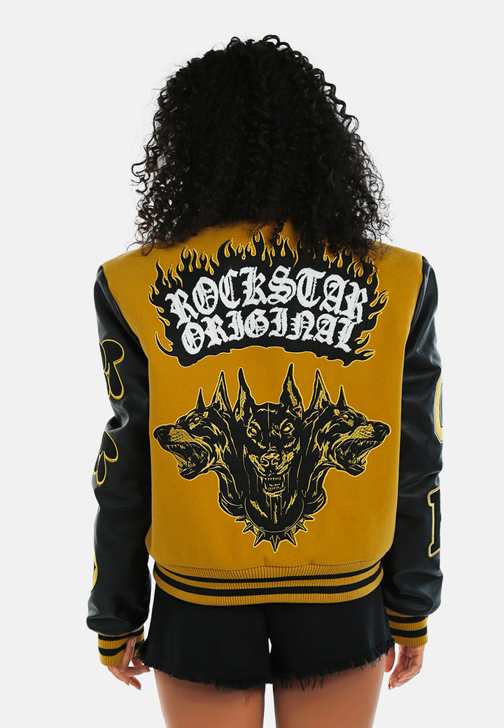 women contrasting graphic varsity jacket#color_mustard