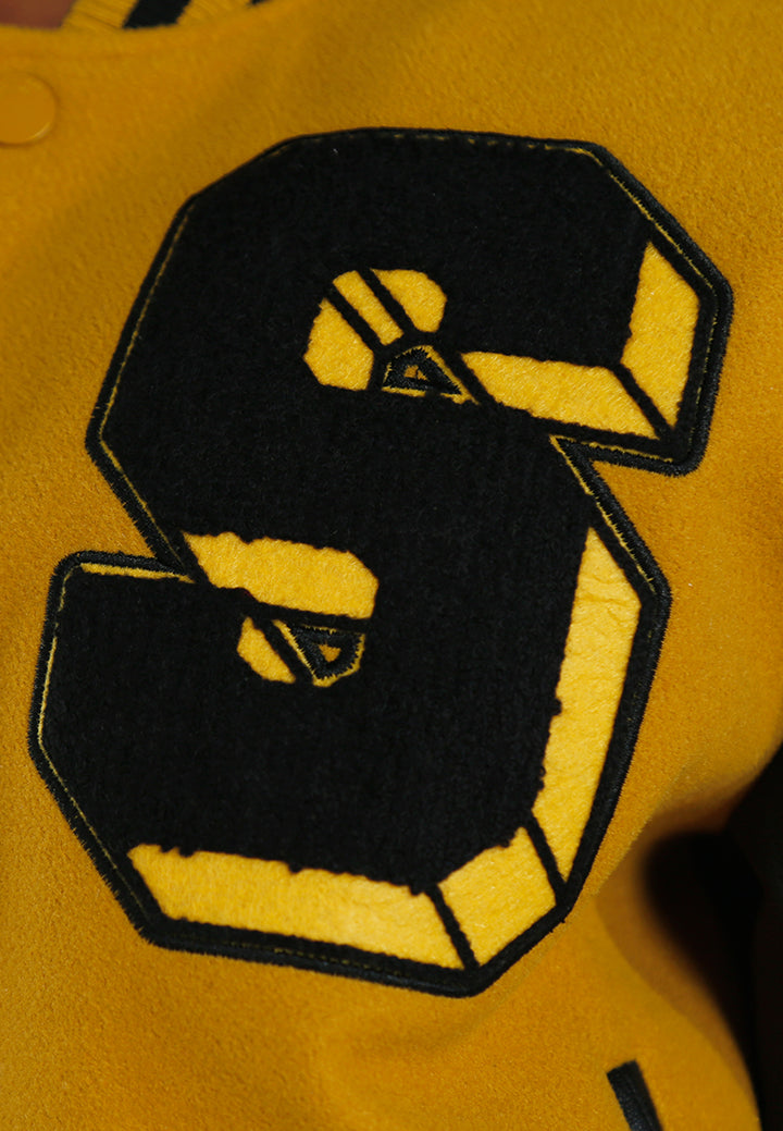 women contrasting graphic varsity jacket#color_mustard